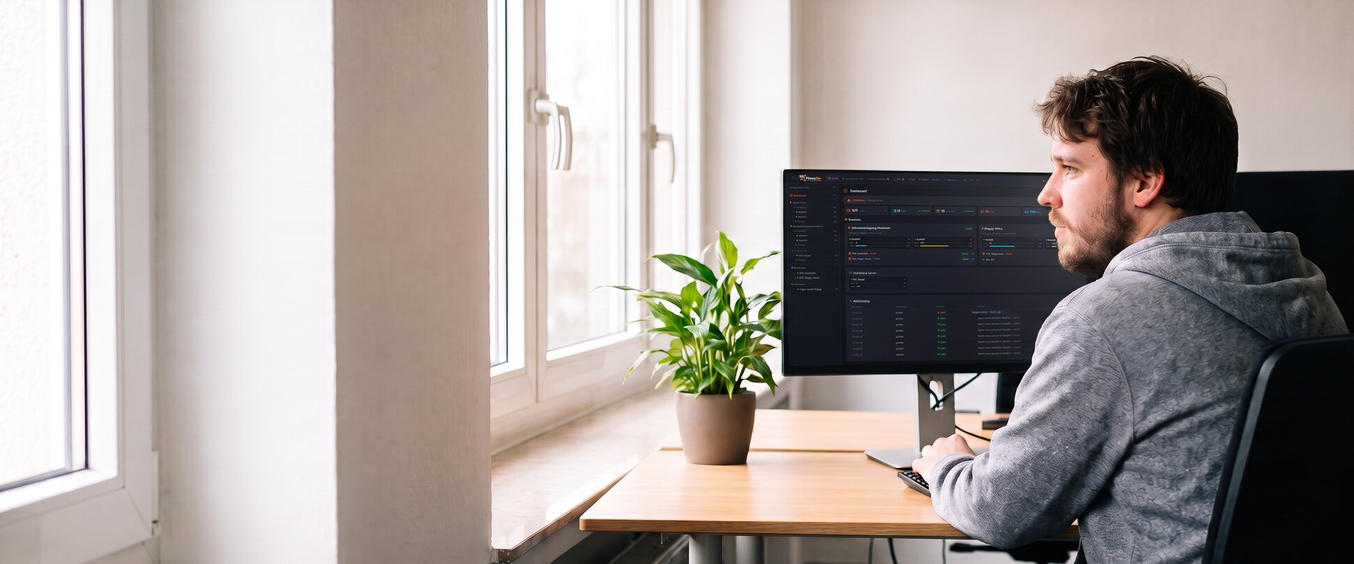 KI-generierte Szene: Philipp Hesse arbeitet im hellen Büro am Rechner mit dem FloppyOps-Dashboard